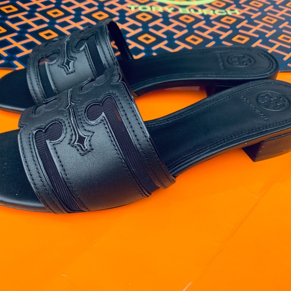 Tory Burch Stitched Logo Leather Slide Sandals NIB BLACK - Picture 2 of 8